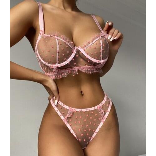2021 Women Ladies Sexy Lace Hollow Out Exotic Sets Womens Love Heart Print Mesh See-though Sets for Valentines Day