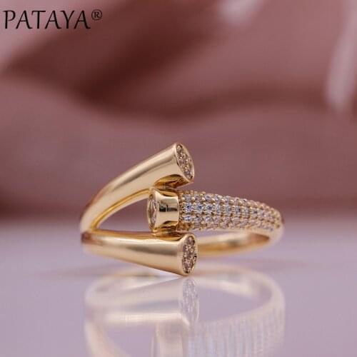 PATAYA New Women Natural Zircon Wedding Unique Hyperbole Ring 585 Rose Gold Fine Fashion Jewelry Christmas Gift Unusual Rings