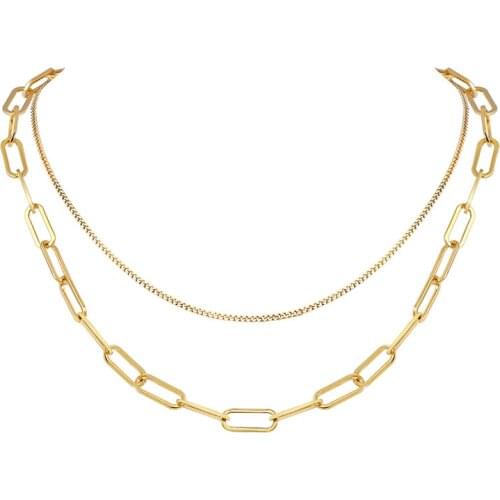 Womens Chain Necklace Slim Curb Link Choker with Rectangle Paper Clip Chain Collar Necklace Stacking Set Jewelry