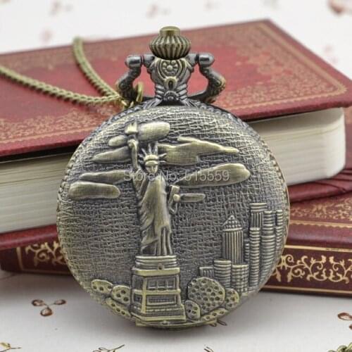 50pcs/lot DHL Free Shipping Bronze Statue of Liberty Pocket Watch High Quality Watch Necklace Gift Watch Factory Wholesale