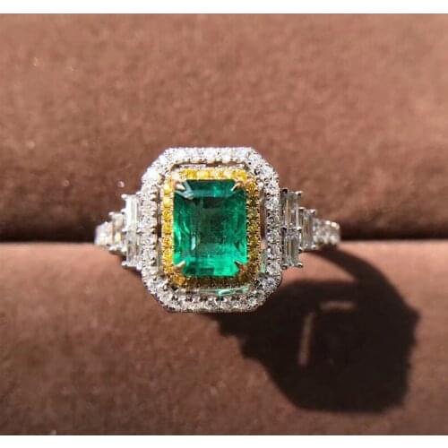 AEAW Jewelry 18K White Gold 1.0ct Natural Emerald Ring White And Yellow Diamond Ring Women Jewelry