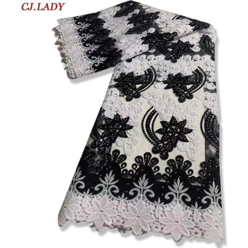 African Laces Embroidered Nigerian Laces Fabric High Quality White+Black French Mesh Lace Fabric 5 Yards For Women Dress A02