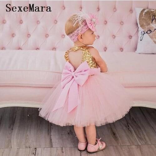 Glitter pink ball gown tutu princess baby 1 year Birthday party dresses bling Golden sequins keyhole back bow flower girl dress