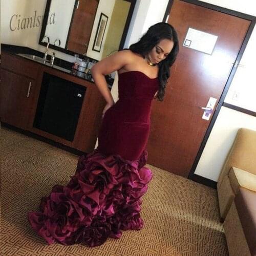 Burgundy Long Mermaid Prom Dresses Rose Floral Flowers Tiered Sweetheart Velvet Plus Size Formal Party Gowns Evening Dress
