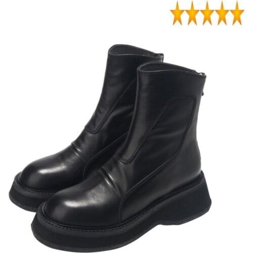 Ankle Bottom Autumn Thick British Increase Platform Zipper Classic Black Genuine Leather Shoes Winter Fleece Short Boots