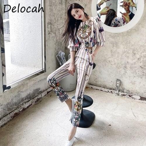 Delocah New 2021 Autumn Women Fashion Designer Pants Suits Lantern Sleeve Crystal Beading Tees + High Waist Print Long Pant Suit