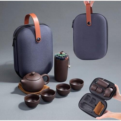 Purple clay travel tea set ceramic 1 teapot 4 cups 1 tea caddy 6-pcs set portable business venue gift outdoor portable teaware