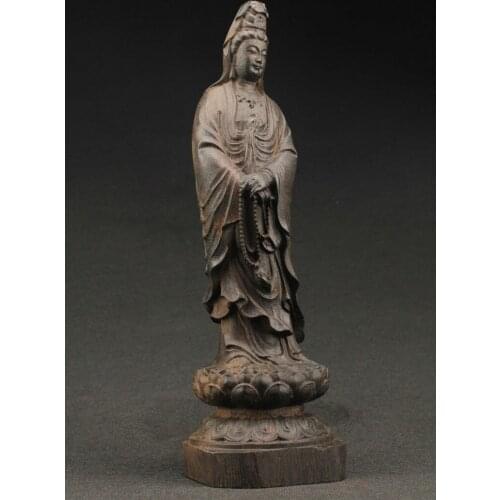 China SUPERB BIG DECORATED HANDWORK OLD EBONY WOOD CARVED KWAN-YIN SUPERB STATUE