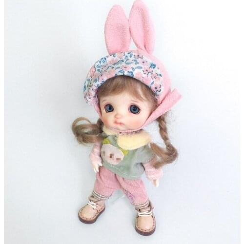 OB11 doll dress size Fashion fake two long sleeve T-shirts + Harlan striped pants + pink duck tongue rabbit hat 3 pieces set