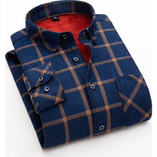 Mens Winter Thick Velvet Warm Plaid Dress Shirt For Men Casual Long Sleeve Male Fleece Lined Soft Flannel Shirts Plus Size L-5XL