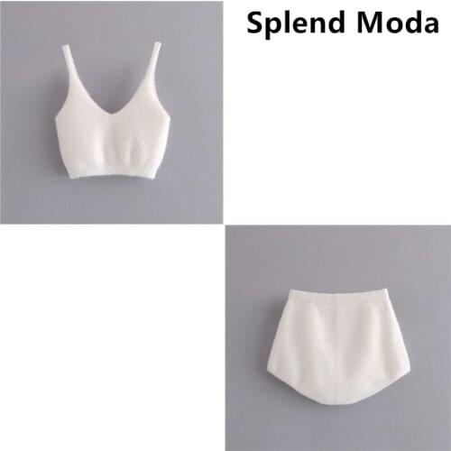 New 2020 Fashion Fall Sexy Women Soft Mohair Knit Sweaters Suit Chic Sleeveless V-neck Knitted Crop Tops+Knitted Mini Skirts Set
