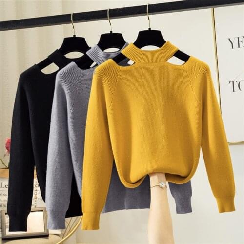 2020 New Fashion Exposed shoulders Knitted Sweater Women Autumn Winter Loose pullover Halter Long sleeve Casual Top Sweater KW85