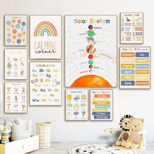 Education Wall Art Number Alphabet Poster Print Planet Animal Rainbow Canvas Painting Wall Pictures Decoration Kids Room Decor