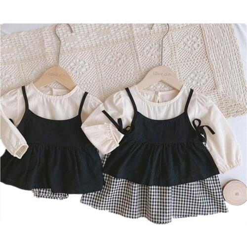 0-2 Years Old Baby Skirt Suit Girl Lattice Sister Clothes Long-Sleeved One-Piece Full Suspender Blouse Two-Piece Set Clothing