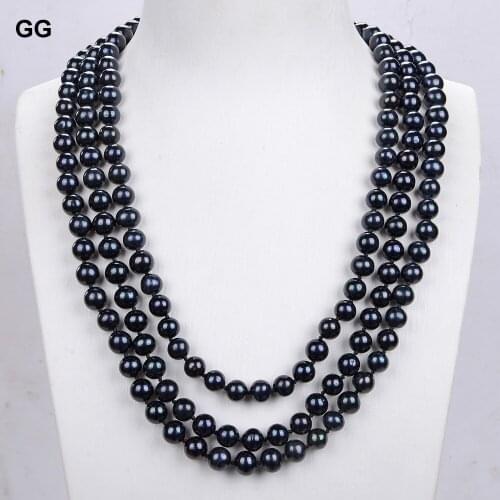 GG Jewelry Natural Pearl Classic 19" 3Rows 9mm Black Round Pearl CZ Clasp Necklace For Women Lady Fashion Jewelry Gift
