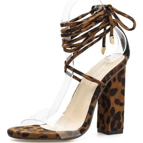 PVC 2020 Summer Sandals Women Open Toe Gladiator Women Sandals Round Toe 11CM Thick High heels Lace Up women shoes size 35-42