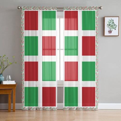 Christmas Red Green Plaid Chiffon Tulle Curtains for Living Room Kitchen Bedroom Sheer Voile Yarn Window Treatment