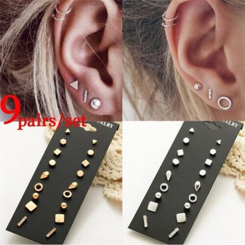 9Pairs/Set Simple Cool Crystal Geometry Earrings Women Fashion Stud Ear Earrings Jewelry Accessory Gifts