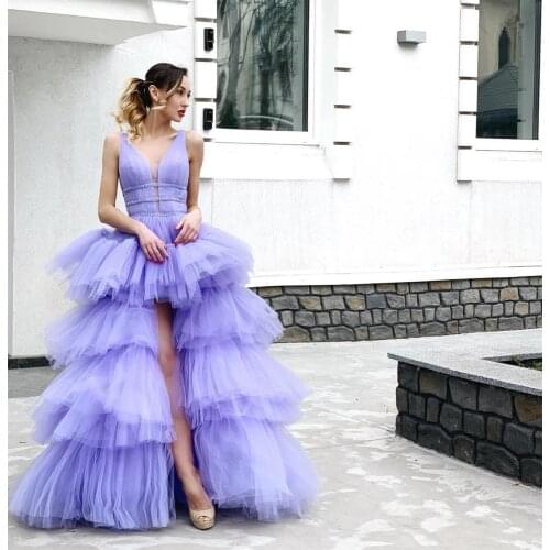 Chic Lilac High Low Ruffles Tulle Christmas Party Dresses Puffy Tiered Tulle Long Women Dress Vestido De Mujer
