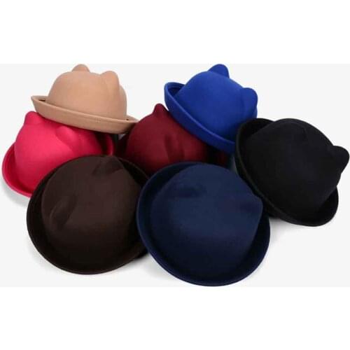 Kids' Winter Autumn Unique Cute Wool Felt Hats Cat Ears Hat Cap Childrens Fodoras Bucket Caps For Baby Girls Boys Formal Trilby