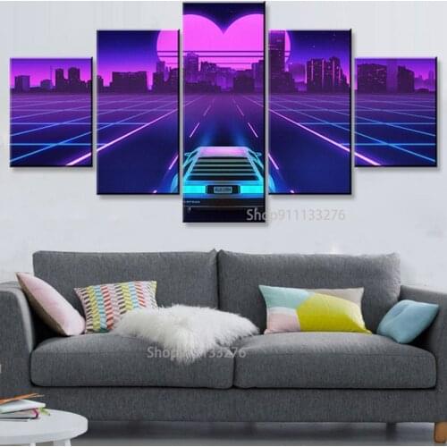 Modern Wall Art Canvas Print Painting 5 Pieces Abstract Heart-Shaped Neon City Retro Wave Car Home Decorative Modular Picture