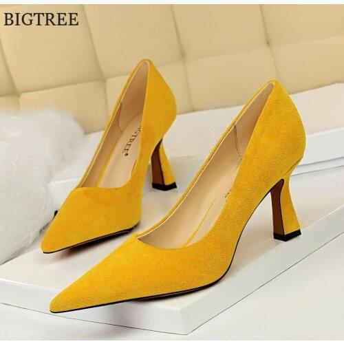 BIGTREE Women Shoe Yellow Shoes Heel Woman Flock High Heels Women Pumps Ladies Office Shoes Pointed Toe Spring Dress Shoes 34-43