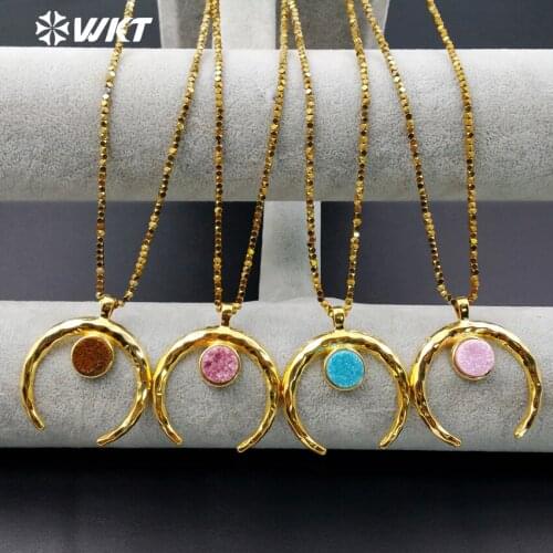 WT-N932 Wholesale Fashion jewelry resist tarnishable gold color brass bead necklace Natural drusy with OX horn necklace for girl