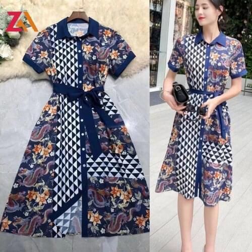 ZALady designer vintage printed midi dresses for women casual loose summer short sleeve plus size 2XL shirt dress femme robe