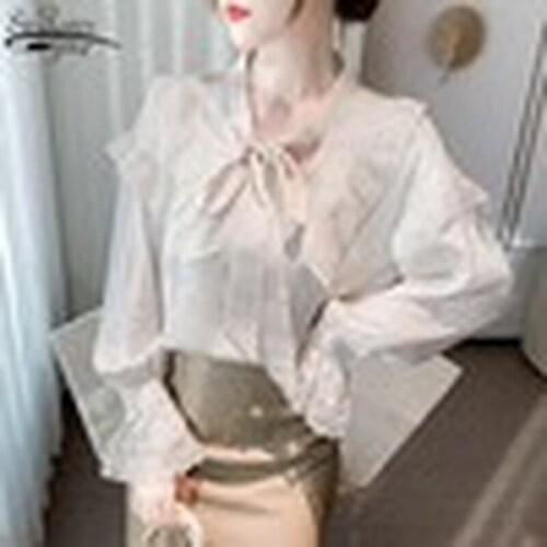 Spring Summer New Lace Ruffled Trumpet Sleeve Top Hong Kong Style Retro Chiffon Shirts Women Strappy Shirt Womans Blouses 13210