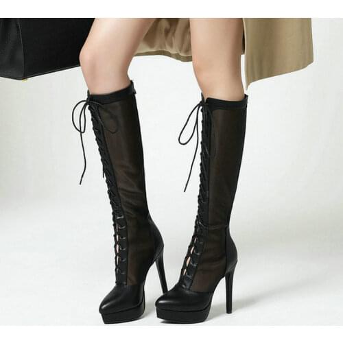 2021 Summer PU Leather Women Knee High Boots Platform Thin High Heel Women Mesh Boots Cross Tied Party Womens Shoes White