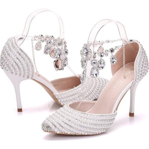 Crystal Queen Bridal Shoes Women Crystal Rhinestone Pointed Toe High Heels Sexy Wedding Evening Party Shoes Ladies Pumps