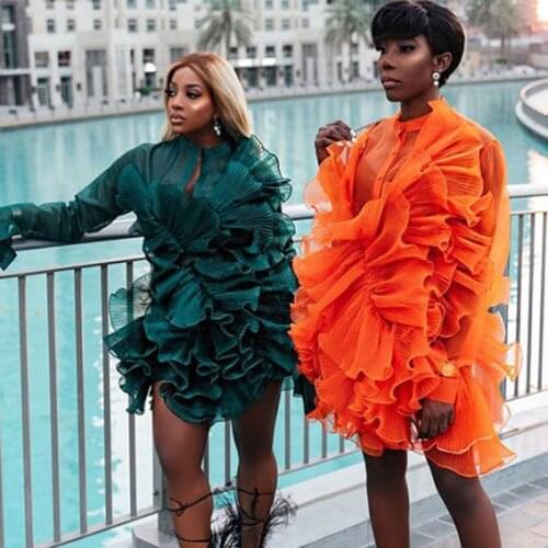 High Street Orange Ruffles Floral Tulle Ladies Dresses To Party 2020 Full Sleeves Short Dress Women Clothing Vestidos