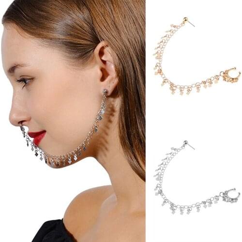 1* Fashion Jewelry Ear Nose Studs With Sequin Tassel Link Chain Geometric Personality Punk Earrings Golden Nose Hoop Ring Chain
