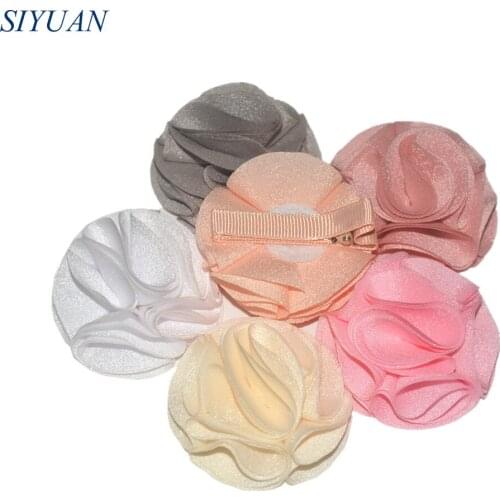 50pcs/lot Lined Hair Clip with Multi Layer Fabric Chiffon Rossette Rose FLower Exclusive Hairpin Girl Headwear H0287