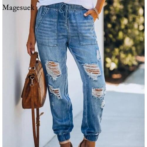 Pencil Pants Vintage Elastic Waist Jeans High Waist Jeans Slim Hole Loose Jeans Skinny Jeans for Women Full Length Jeans 16227