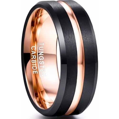 Black Tungsten Steel Wedding Engagement Ring Rose Gold Inside Color Men Carbide Jewelry Never Fade
