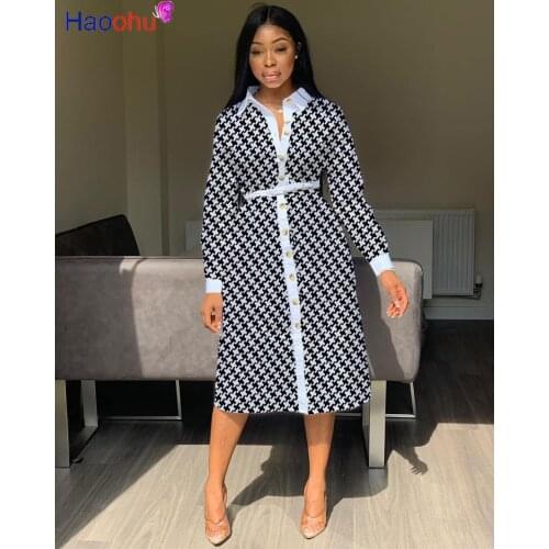 HAOOHU Elegant Chic Houndstooth A Line Dresses Women Autumn Casual Long Sleeve Bandage Slim Office Long Party Dress