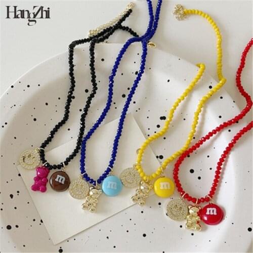 HangZhi 2021 New Colorful Resin Crystal Bears Smiley Pendant Beads Choker Necklace for Women Girls Party Jewelry Gifts