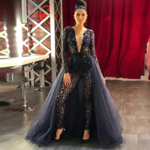 Illusion Navy Blue Jumpsuit Evening Dresses Detachable Tulle Train Lace Appliques Full Sleeves Beaded Formal Prom Party Gowns