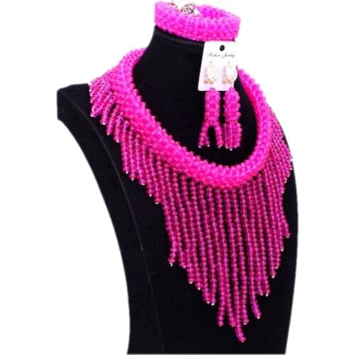 Fuchsia Pink African Beads Jewelry Sets Crystal Nigerian Wedding Beads Set Choker Design Costume Women Dubai jewelry Set 2018