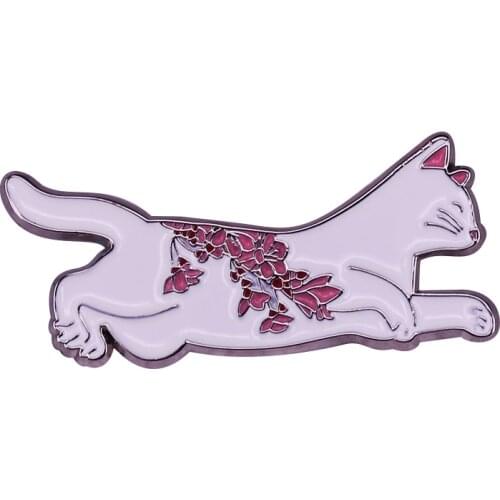 Beautiful White Floral Cat Enamel Pin Animal Lovers Art Collection