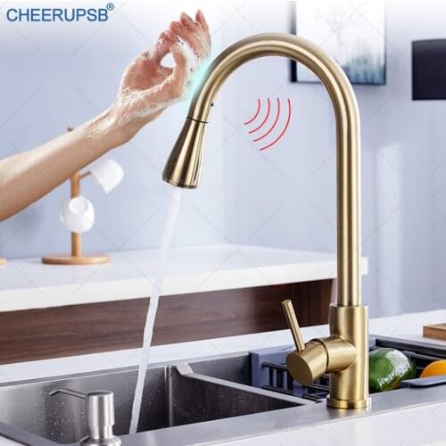 Kitchen Touch Sensor Faucet Deck Mounted Sink Mixer Tap Hot Cold Brushed Gold Crane Auto Smart Pull Down Inductive Black Faucets