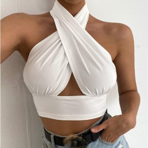 Summer Wrapped Chest Tank Tops 2021 Sexy Wild Cross Halter Neck Solid Color Close-Fitting Backless Slim Exposed Navel Vest