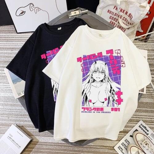 Summer Short-sleeve Darling In The Franxx Anime Harajuku Zero TWO Beautiful Girl Print T Shirt Men Tops Loose Chic Male T-shirt