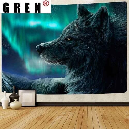 GREN Wall Hanging Animal Wolf Realist Tapestry Aurora Borealis Mountain Art Tapestries for Living Room Blanket Home Decor