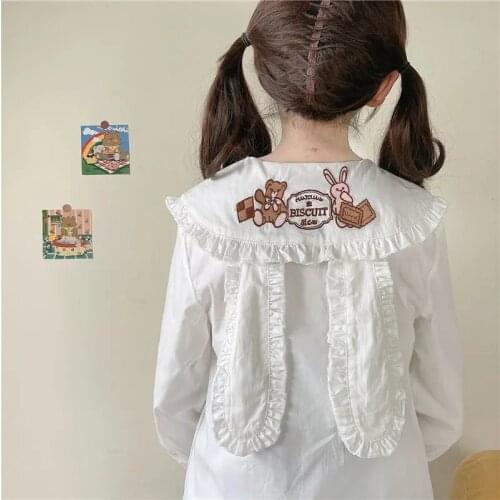 QWEEK Kawaii Bunny Ears Shirt for Teens Embroidery Funny Bear Blouse Women Japan Style Soft Girls Pleated Tops Button Up Outwear
