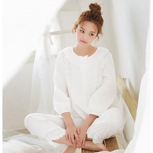 Korean Autumn New Style Pajama Woman Winter 100% Cotton Lady Long Sleeves White Princess Style Homewear Palace Sleepwear пижам