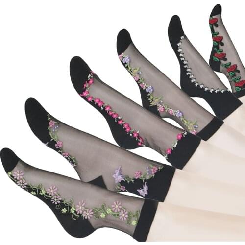 Womens Embroidery Flowers Socks 2020 New Summer Ladies Girls Transparent Lace Mesh Floral Socks Hosiery Gauze Sock for Work