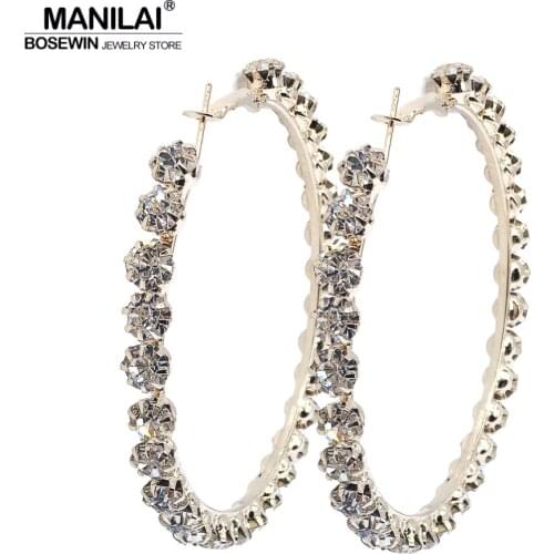 MANILAI Luxury Shiny Crystal Big Hoop Earrings For Women Fashion 65mm Diameter Statement Earrings Womens Wedding Jewelry