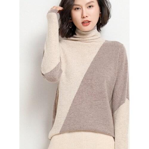 100% Pure Wool Womens Sweater High Collar Padded Pullover Bottoming Shirt Warm Fashion Color Matching Loose Cashmere Sweater